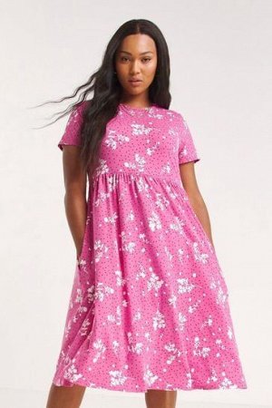 Супермягкое розовое платье миди с карманами и принтом Simply Be