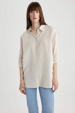 DEFACTO Рубашка оверсайз из 100% льна с длинными рукавами