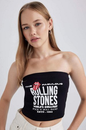 Приталенная майка в рубчик без бретелек с принтом Cool Rolling Stones
