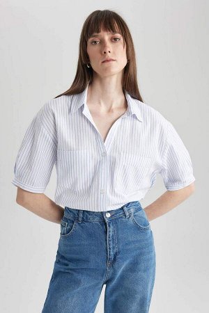 DEFACTO Укороченная рубашка из 100% хлопка с V-образным вырезом и короткими рукавами