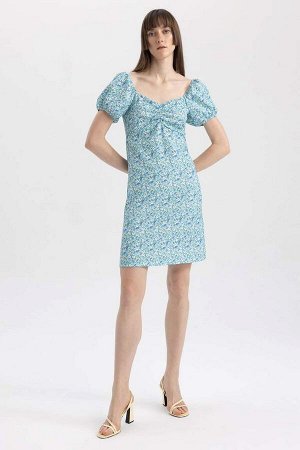 DEFACTO Мини-платье Babydoll с вырезом в форме сердца и цветочным запахом, с короткими рукавами