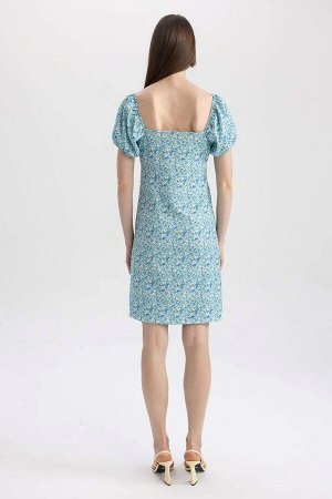DEFACTO Мини-платье Babydoll с вырезом в форме сердца и цветочным запахом, с короткими рукавами