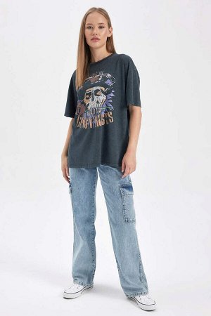 Моющаяся футболка Cool Guns N' Roses Oversize с круглым вырезом сзади и короткими рукавами с принтом и эффектом выцветания