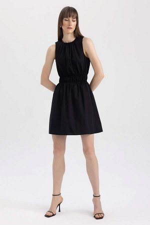 Мини-платье из 100% хлопка из поплина с круглым вырезом и короткими рукавами без рукавов