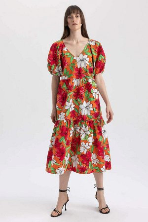 Платье миди из 100% хлопка из поплина с V-образным вырезом и цветочным принтом, рукавами реглан и короткими рукавами