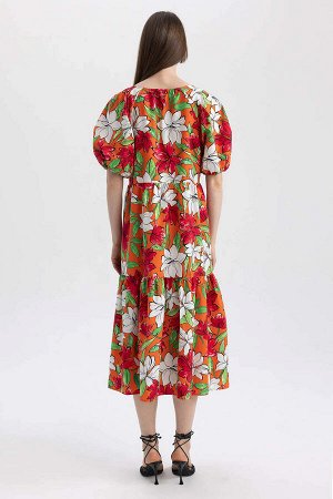 Платье миди из 100% хлопка из поплина с V-образным вырезом и цветочным принтом, рукавами реглан и короткими рукавами
