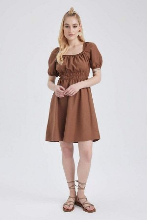 DEFACTO Льняное мини-платье с квадратным вырезом и короткими рукавами