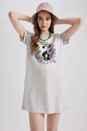 Мини-платье-футболка из 100% хлопка с короткими рукавами из чесаного хлопка с круглым вырезом