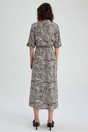 DEFACTO Платье макси с короткими рукавами и воротником-рубашкой с рисунком