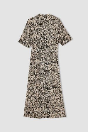 DEFACTO Платье макси с короткими рукавами и воротником-рубашкой с рисунком