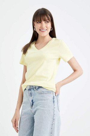 DEFACTO Облегающая футболка из 100 % хлопка с V-образным вырезом и короткими рукавами