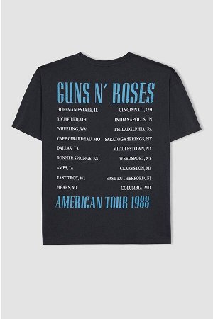 DEFACTO Футболка большого размера Guns N&#039; Roses из 100% хлопка с круглым вырезом и короткими рукавами с принтом