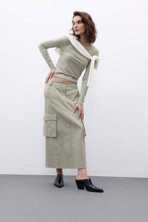 Габардиновая юбка-миди с разрезом, 100 % хлопок, с карманом-карго