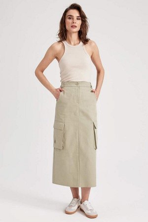 DEFACTO Габардиновая юбка-миди с разрезом, 100 % хлопок, с карманом-карго