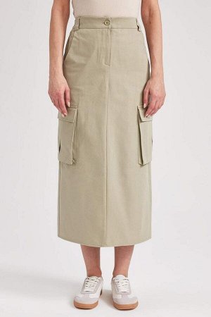 DEFACTO Габардиновая юбка-миди с разрезом, 100 % хлопок, с карманом-карго