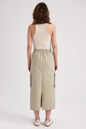 Габардиновая юбка-миди с разрезом, 100 % хлопок, с карманом-карго