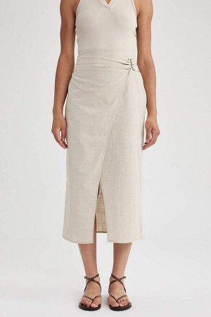 Хлопковая юбка-миди с разрезом на подкладке и нормальной талией