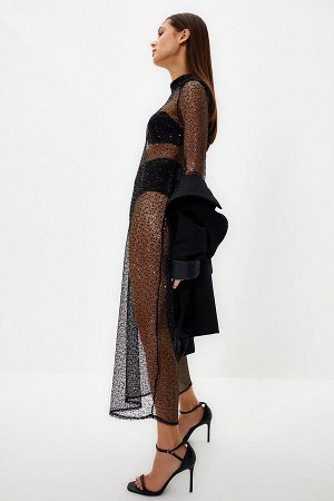 Trendyomilla Черное прозрачное стильное вечернее платье с пайетками