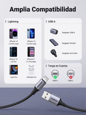 Кабель USB-Lightning в оплетке нейлоновой (алюминиевый корпус) 1,50 м. (US199) чип Ugreen