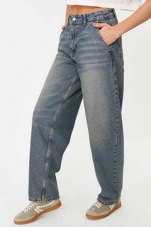 Темно-синие винтажные плиссированные джинсы с заниженной талией с эффектом потертостей