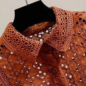 Хлопковая фактурная блуза без рукавов, декорирована вышивкой, коричневый