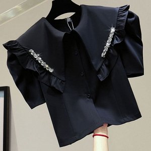 Женская блуза с кукольным воротником, с декором, черный