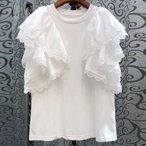 Женская хлопковая футболка без рукавов, с оборками, с кружевной отделкой, белый