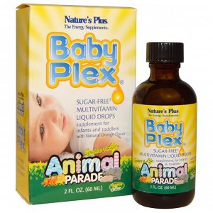 Natures Plus, Source of Life, Animal Parade, Baby Plex, жидкие мультивитаминные капли без сахара, с натуральным вкусом апельсина