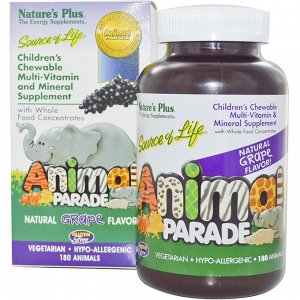 Natures Plus, Детская Жевательная Мультивитаминная и Минеральная Добавка, Натуральный Виноградный Вкус 180 штук