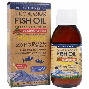 Wileys Finest, Аляскинский рыбий жир, Детям!, ДГК для малышей, натуральный вкус клубники и арбуза, 650 мг, 4.23 жид.унции(125 мл