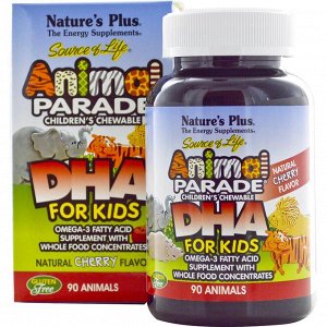 Natures Plus, Источник жизни, DHA для детей, детские жевательные конфеты Шествие животных&amp - amp - quot - , с натуральным виш