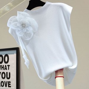 ХИТ ПРОДАЖ!  Женская трикотажная футболка без рукавов, с декором в виде цветка, белый