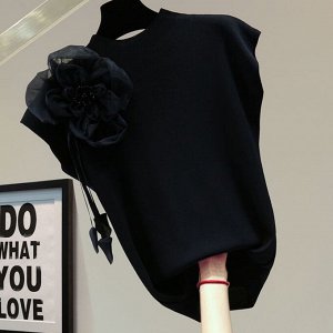 ХИТ ПРОДАЖ!  Женская трикотажная футболка без рукавов, с декором в виде цветка, черный
