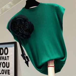 ХИТ ПРОДАЖ! Женская трикотажная футболка без рукавов, с декором в виде цветка, темно-зеленый