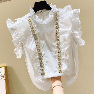 Женская блуза без рукавов, с оборками и декором, белый