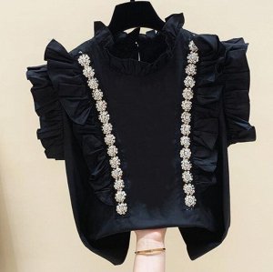 Женская блуза без рукавов, с оборками и декором, черный