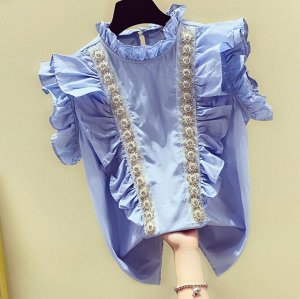 Женская блуза без рукавов, с оборками и декором, синий
