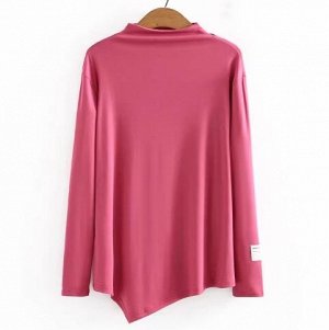 Свободный асимметричный пуловер, воротник стойка, розовый