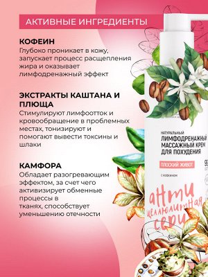 Лимфодренажный массажный крем для похудения "Плоский живот" с кофеином