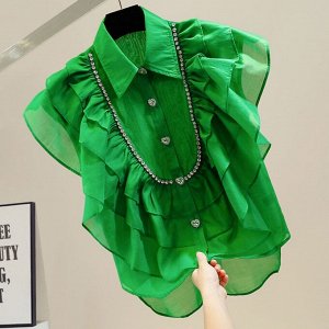 Женская рубашка без рукавов, с оборками и декором, зеленый