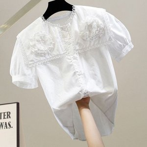 Женская блуза с короткими рукавами, с широким отложенным воротником, с декором в виде цветов, белый