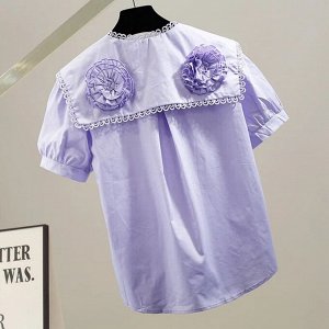 Женская блуза с короткими рукавами, с широким отложенным воротником, с декором в виде цветов, светло-фиолетовый