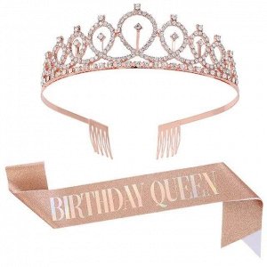 Н-р праздничный тиара и лента "Birthday Queen", цв роз. золото / голограф.