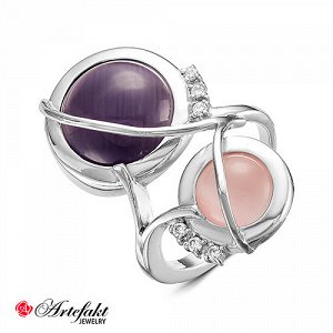 Серебряное кольцо с камнями "кошачий глаз" фиолетового и розового цвета - 608