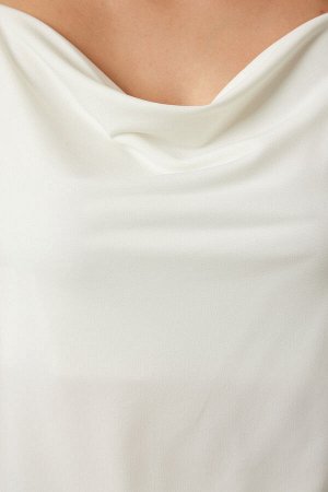 Женская трикотажная блузка песочного цвета с воротником без бретелек цвета экрю RX00036