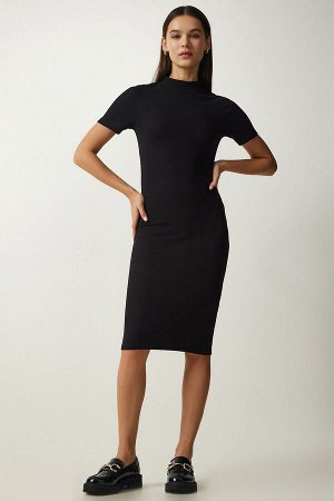 Женское черное платье-бретелька с круглым вырезом UB00216
