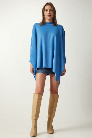 Женский свободный свитер-пончо цвета индиго синего цвета с боковыми разрезами YY00005
