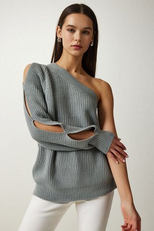 Женский трикотажный свитер с одним рукавом и каменным окном PF00059
