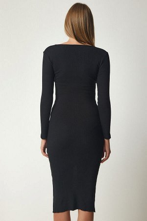 Женское черное трикотажное платье саран в рубчик на пуговицах HJ00007