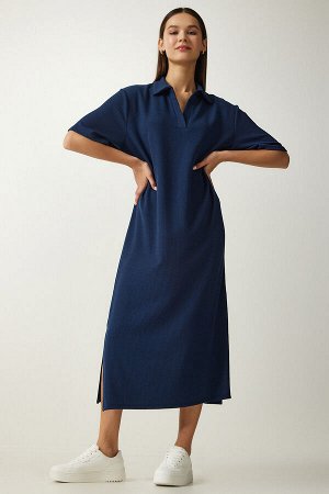 Женское темно-синее вязаное вельветовое платье с воротником-поло DZ00110
